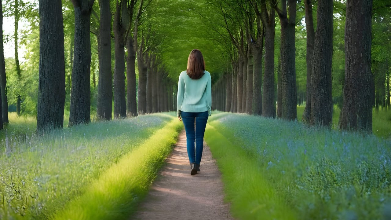 mujer caminando por un bosque verde