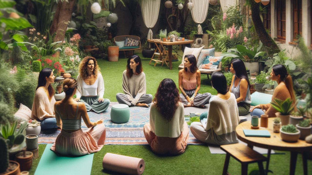 mujeres sentadas en un jardin