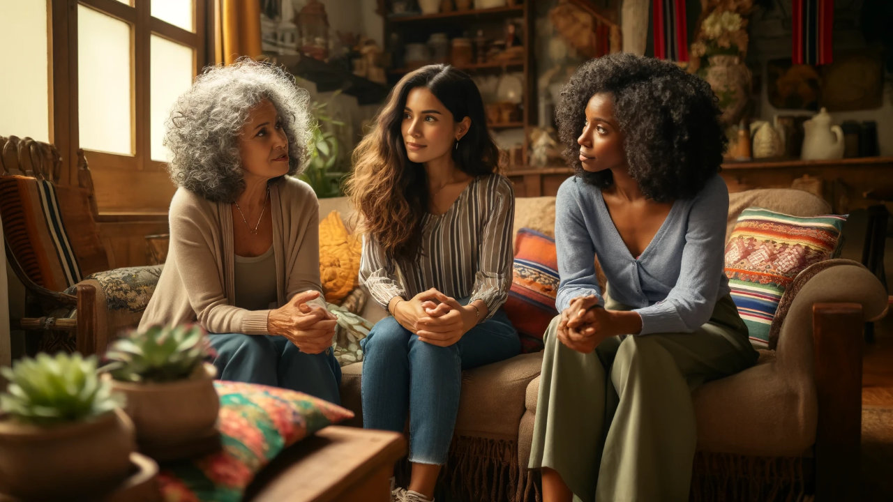 tres mujeres conversando en un sofa