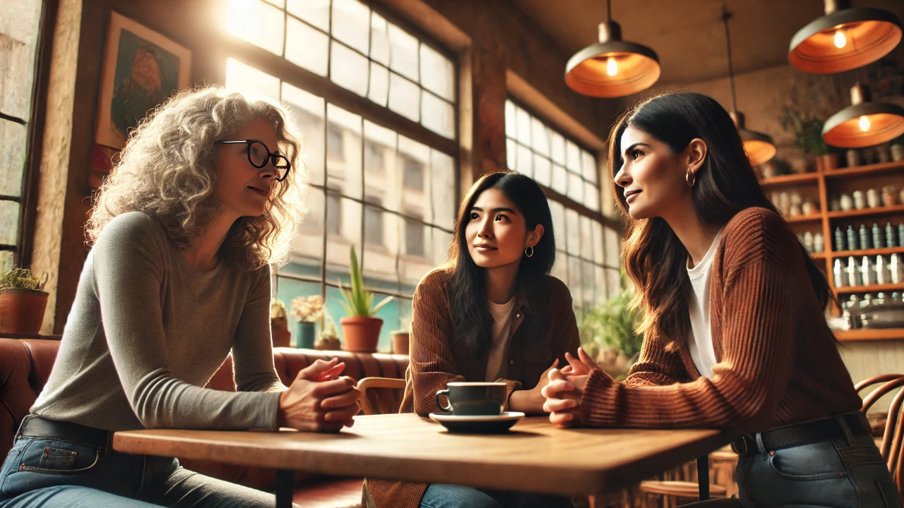Tres mujeres conversando en una cafetería