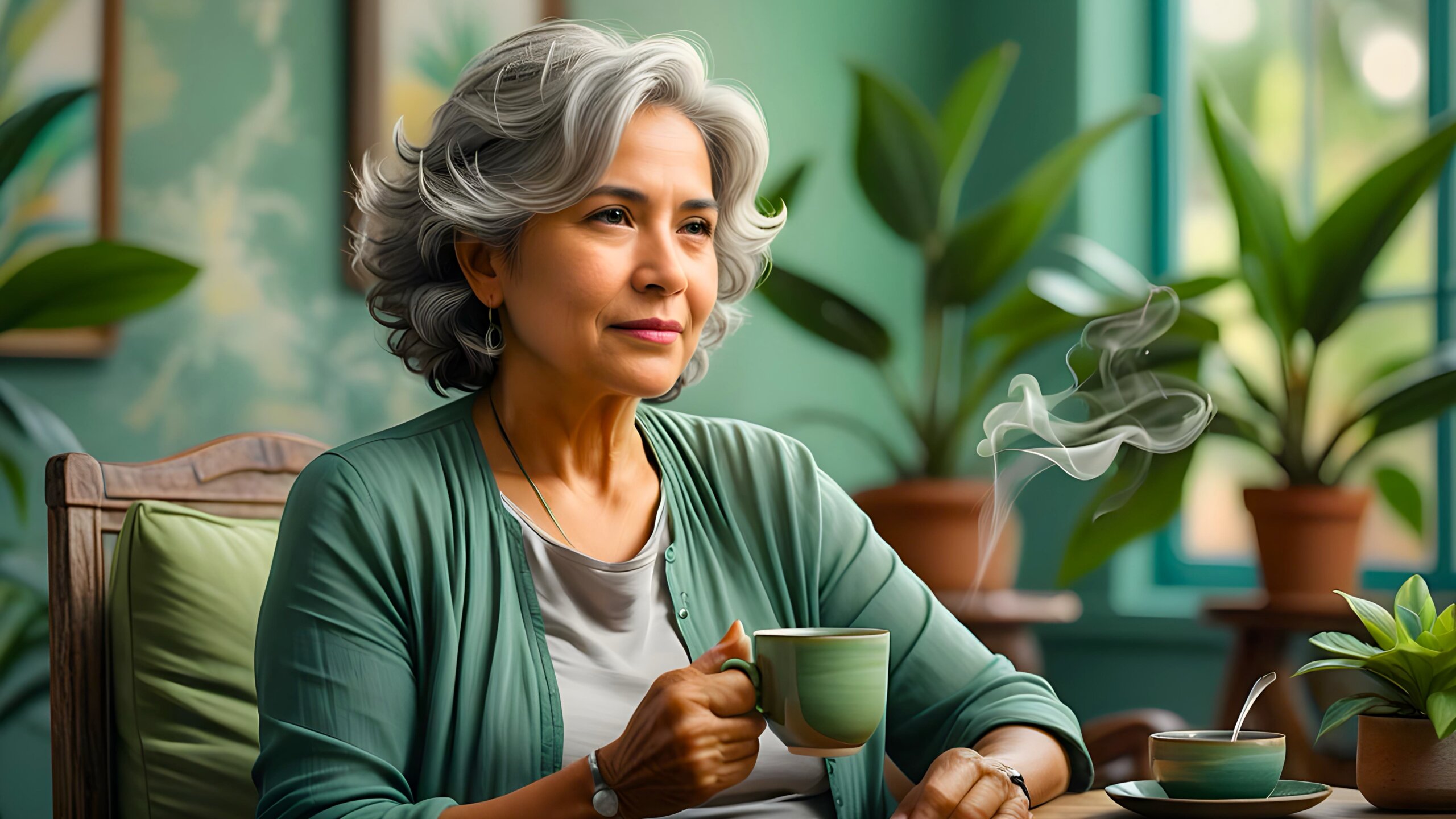 Imagen de una señora con canas tomandose un té caliente.