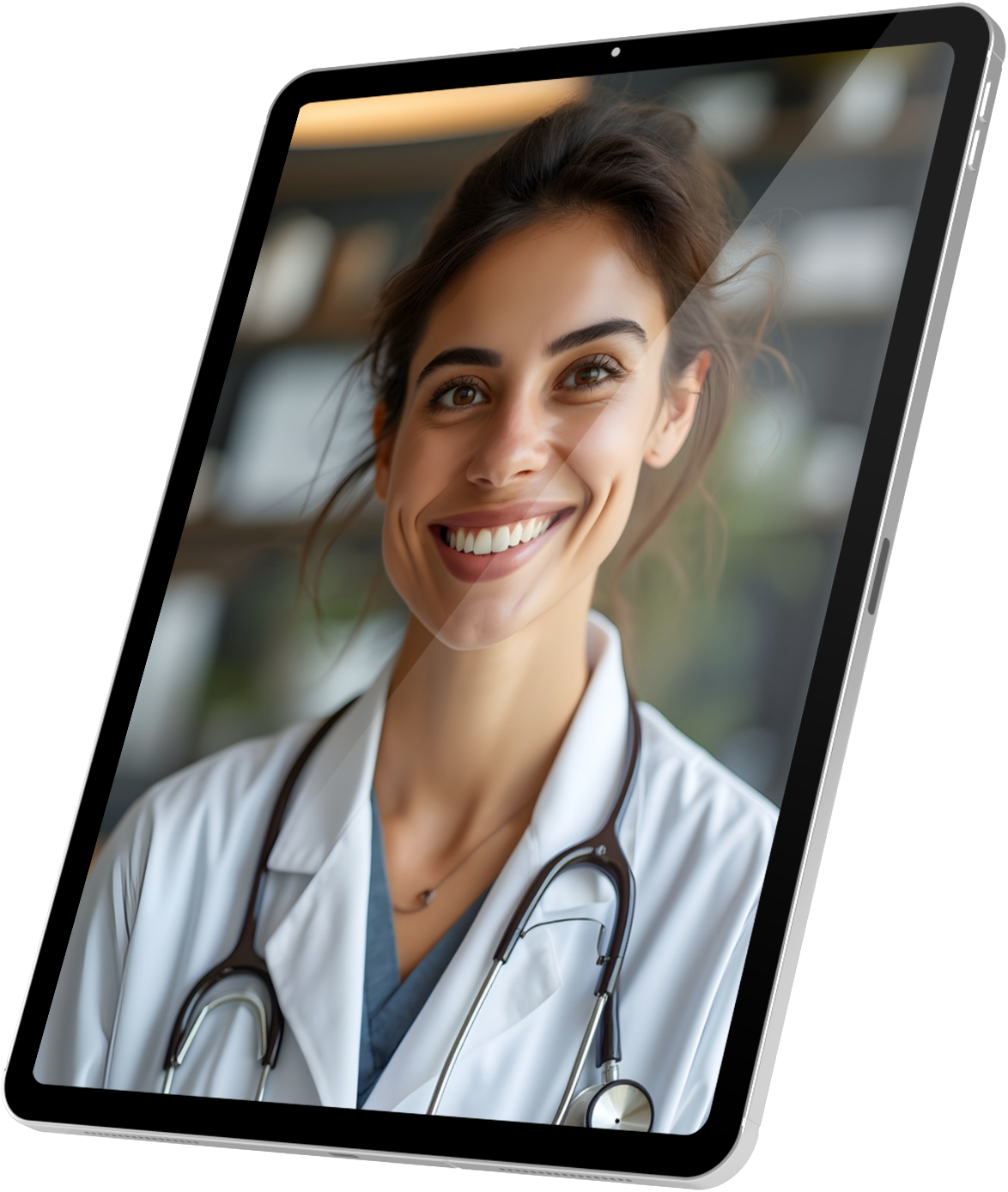 Imagen de una doctora en la pantalla de un iPad