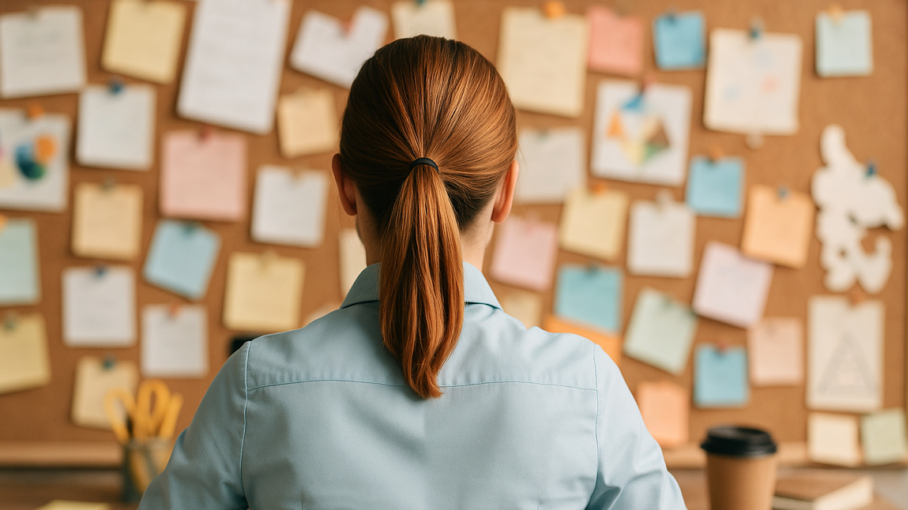 Imagen de una mujer de espalda en frente de un mural lleno de post it