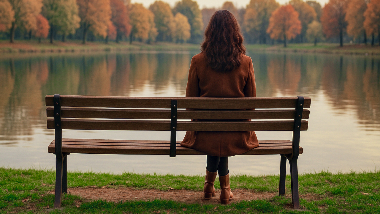 Imagen de una mujer sentada en un parque viendo un hermoso lago