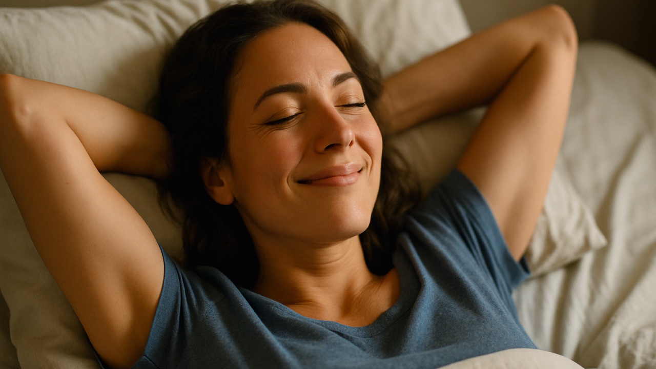 Imagen de una mujer acostada en su cama y feliz