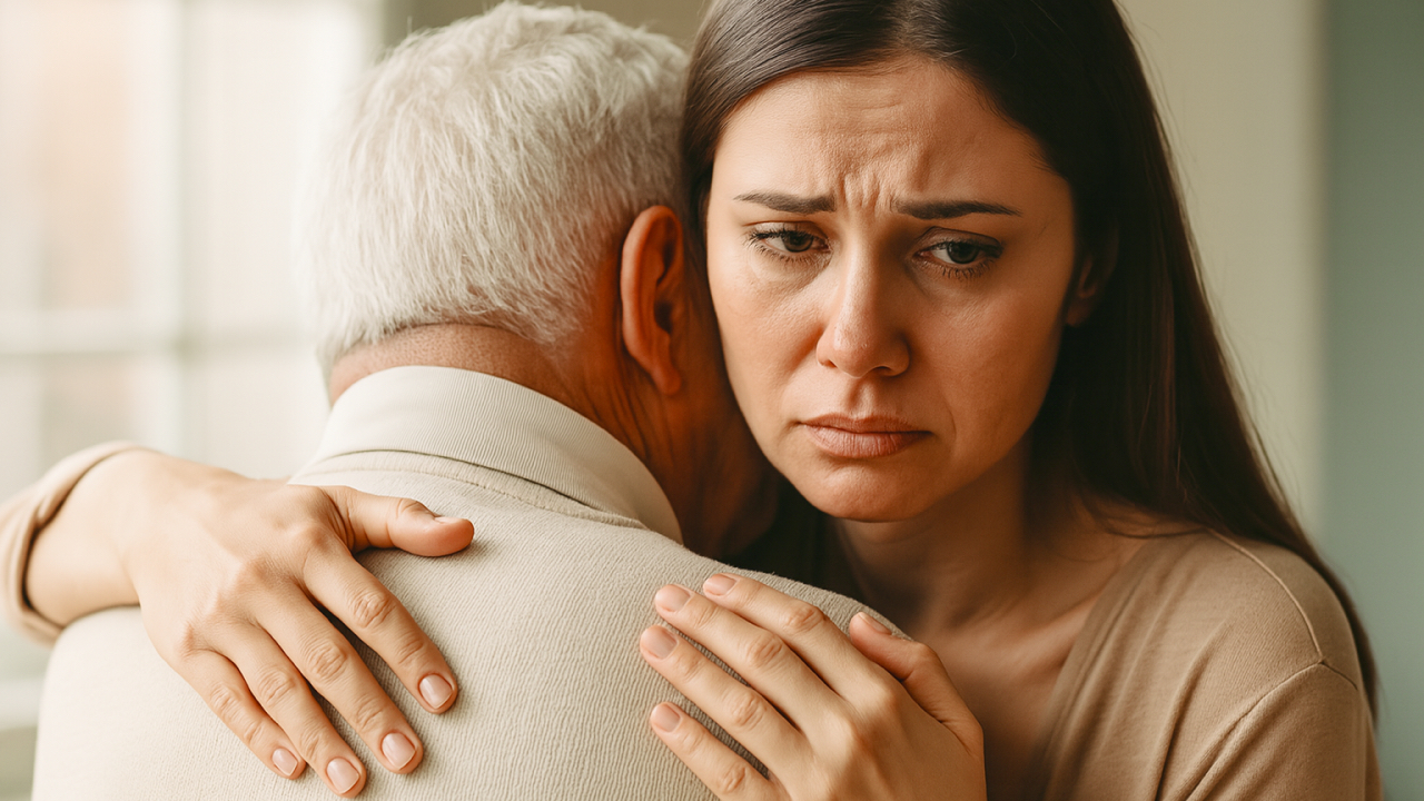 Imagen de una mujer triste abrazando a su padre