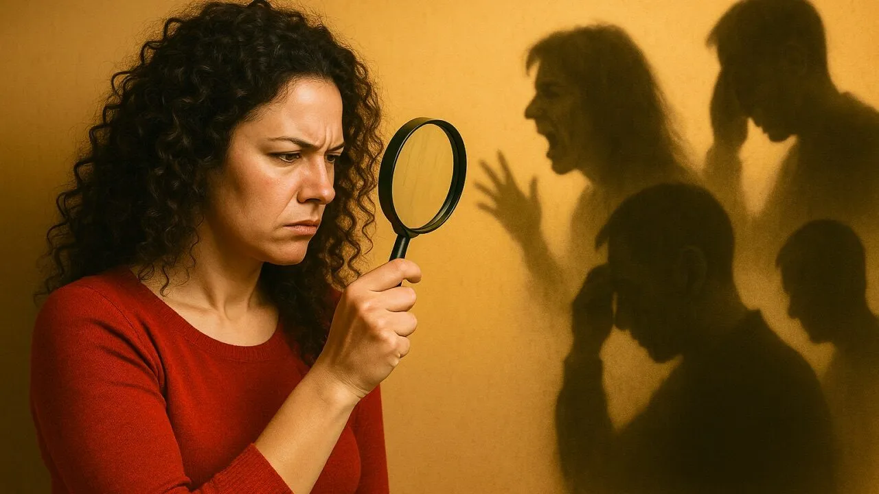 imagen de una mujer mirando a traves de una lupa a unas sombras humanas