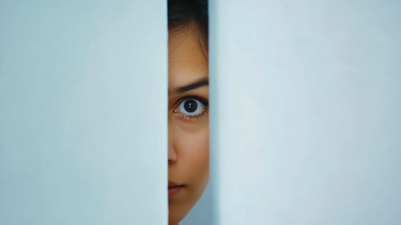 imagen de una mujer mirando por una ranura de una pared