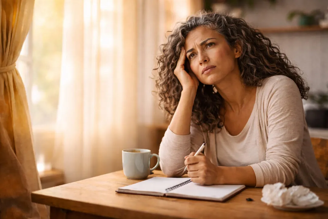 mujer latina de mediana edad, con cabello rizado, expresando duda y reflexión